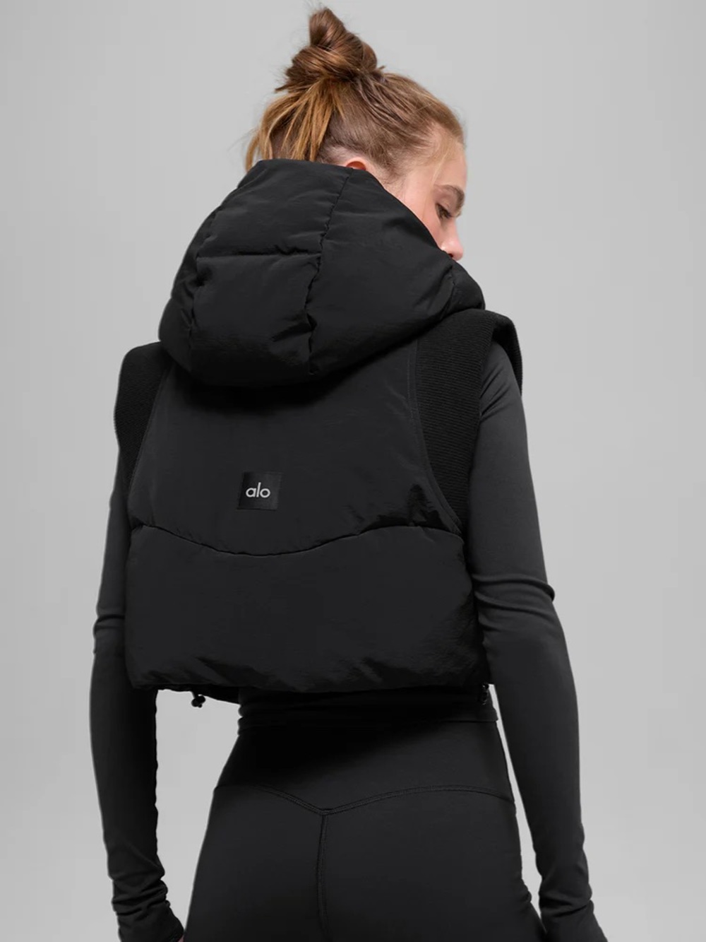 ALO Yoga Black Fast Lane Cropped Hooded Puffer Vest L